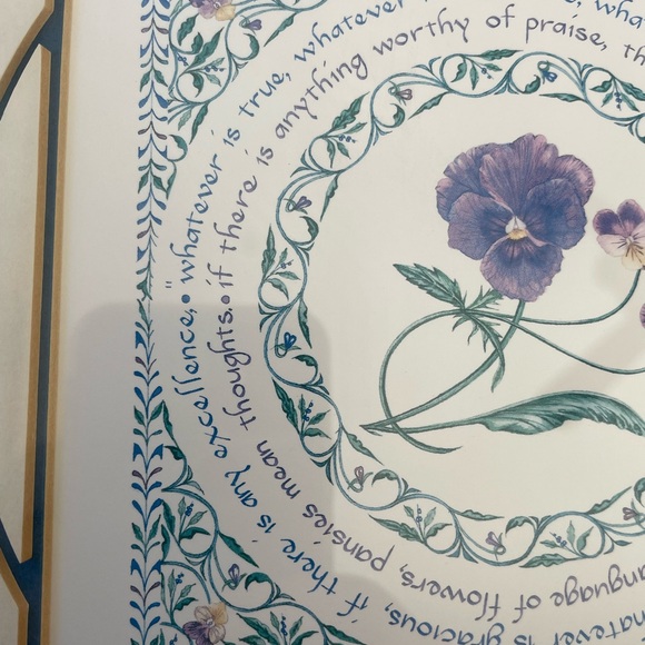 Susan Loy Art, 10x10, framed and matted Pansy/Thoughts, Literary Calligraphy Art - Picture 6 of 11